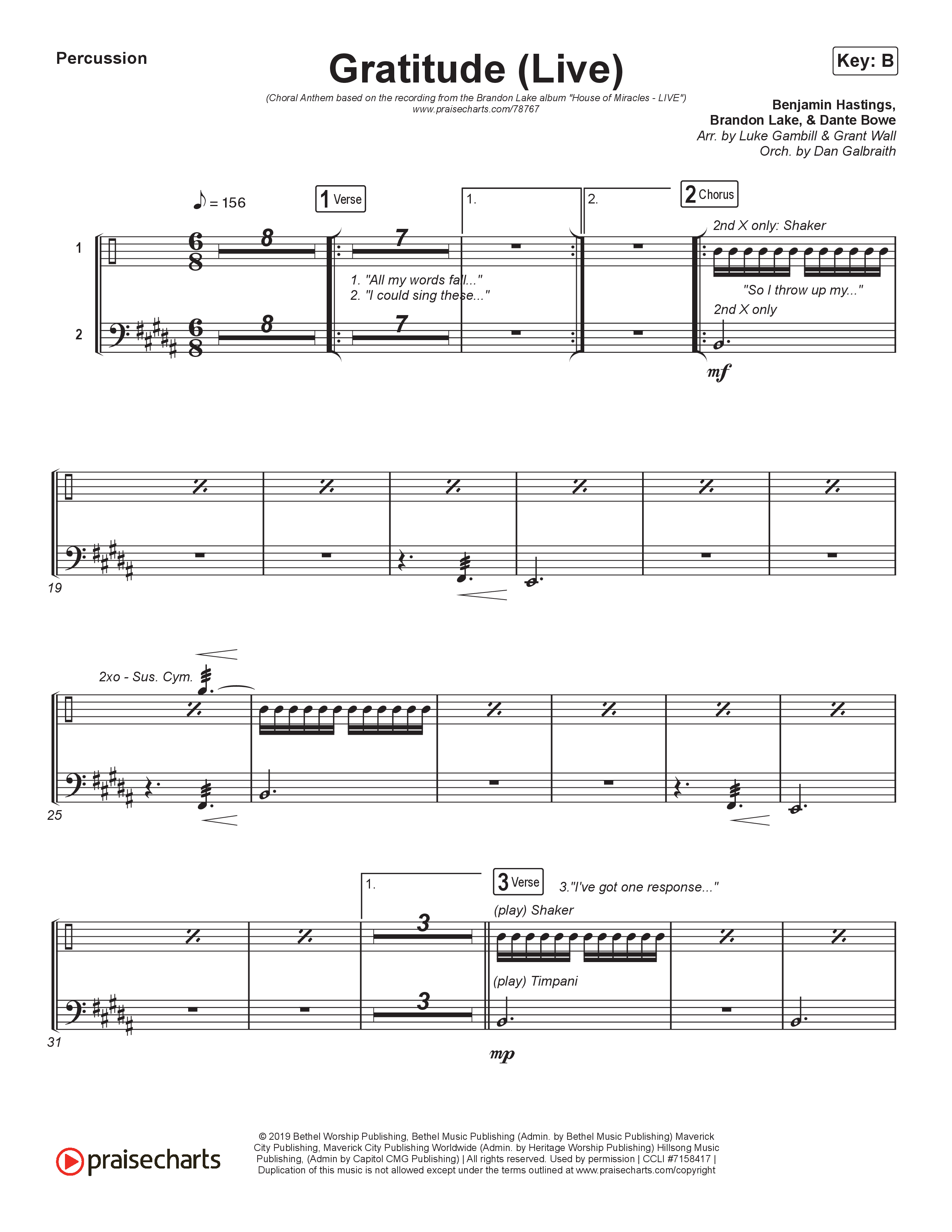 Gratitude (Live) (Choral Anthem SATB) Percussion (Brandon Lake / Arr. Luke Gambill)