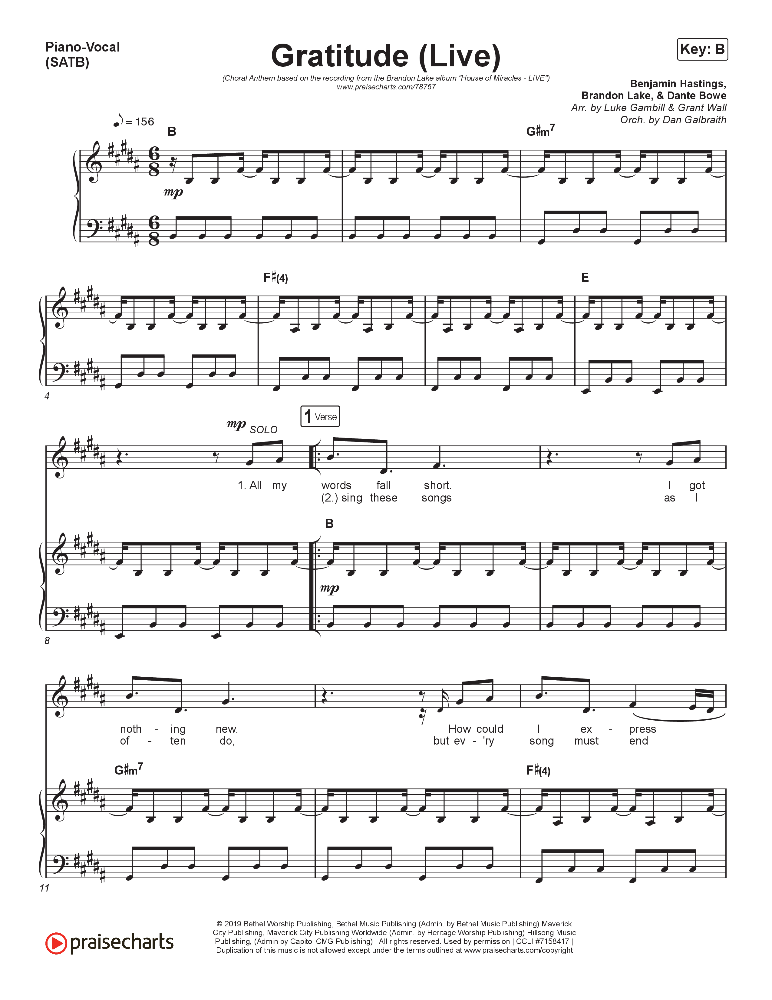 Gratitude (Live) (Choral Anthem SATB) Piano/Vocal (SATB) (Brandon Lake / Arr. Luke Gambill)