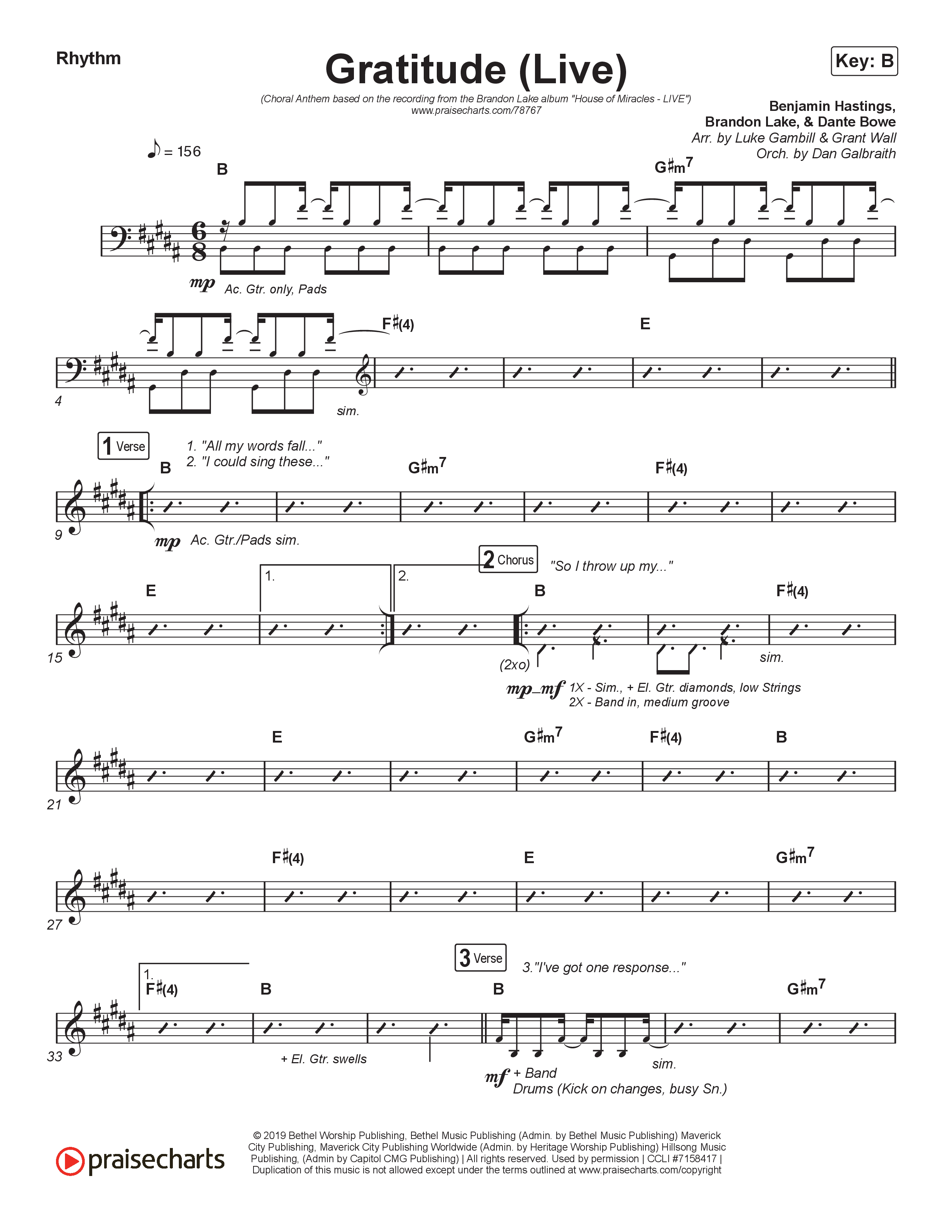 Gratitude (Live) (Choral Anthem SATB) Rhythm Chart (Brandon Lake / Arr. Luke Gambill)