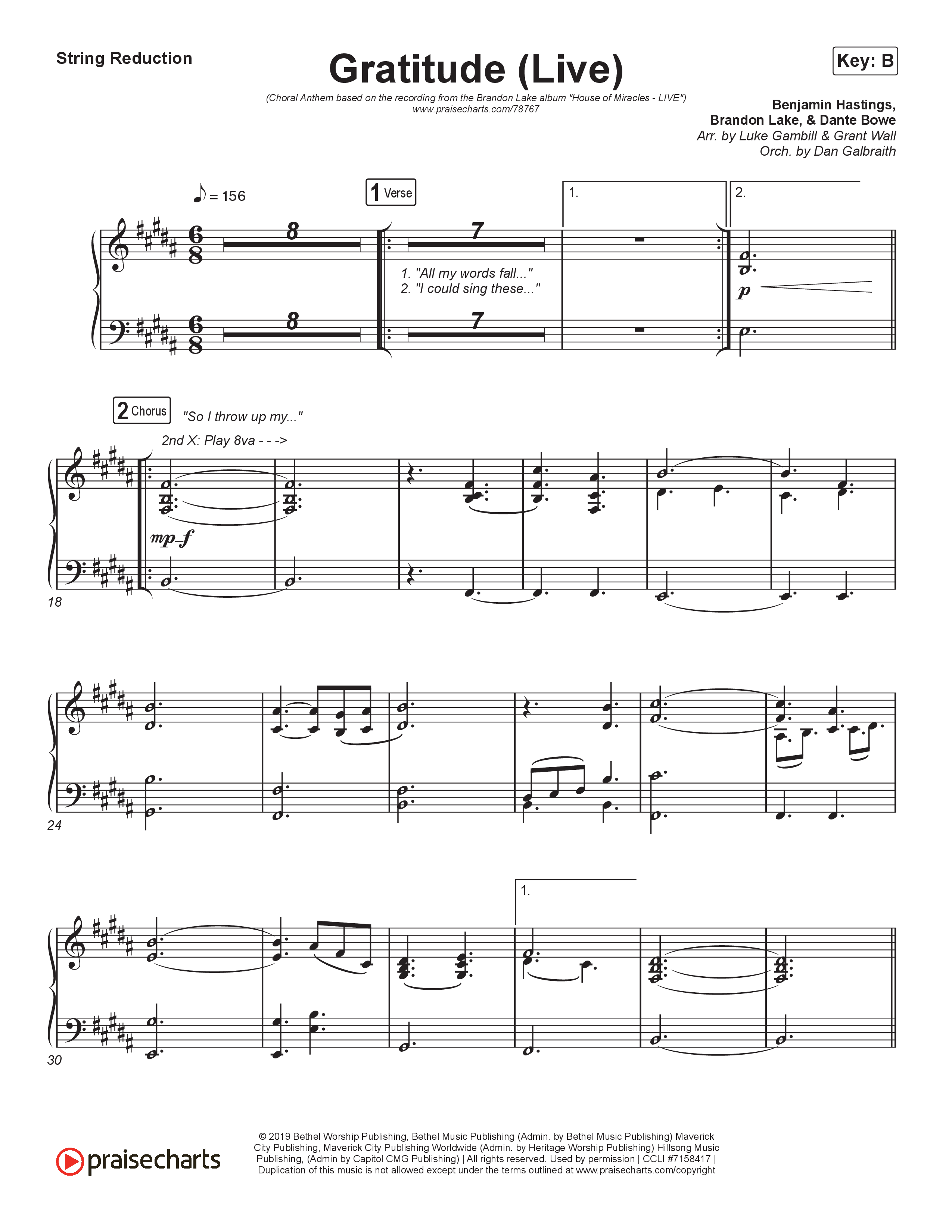 Gratitude (Live) (Choral Anthem SATB) String Reduction (Brandon Lake / Arr. Luke Gambill)