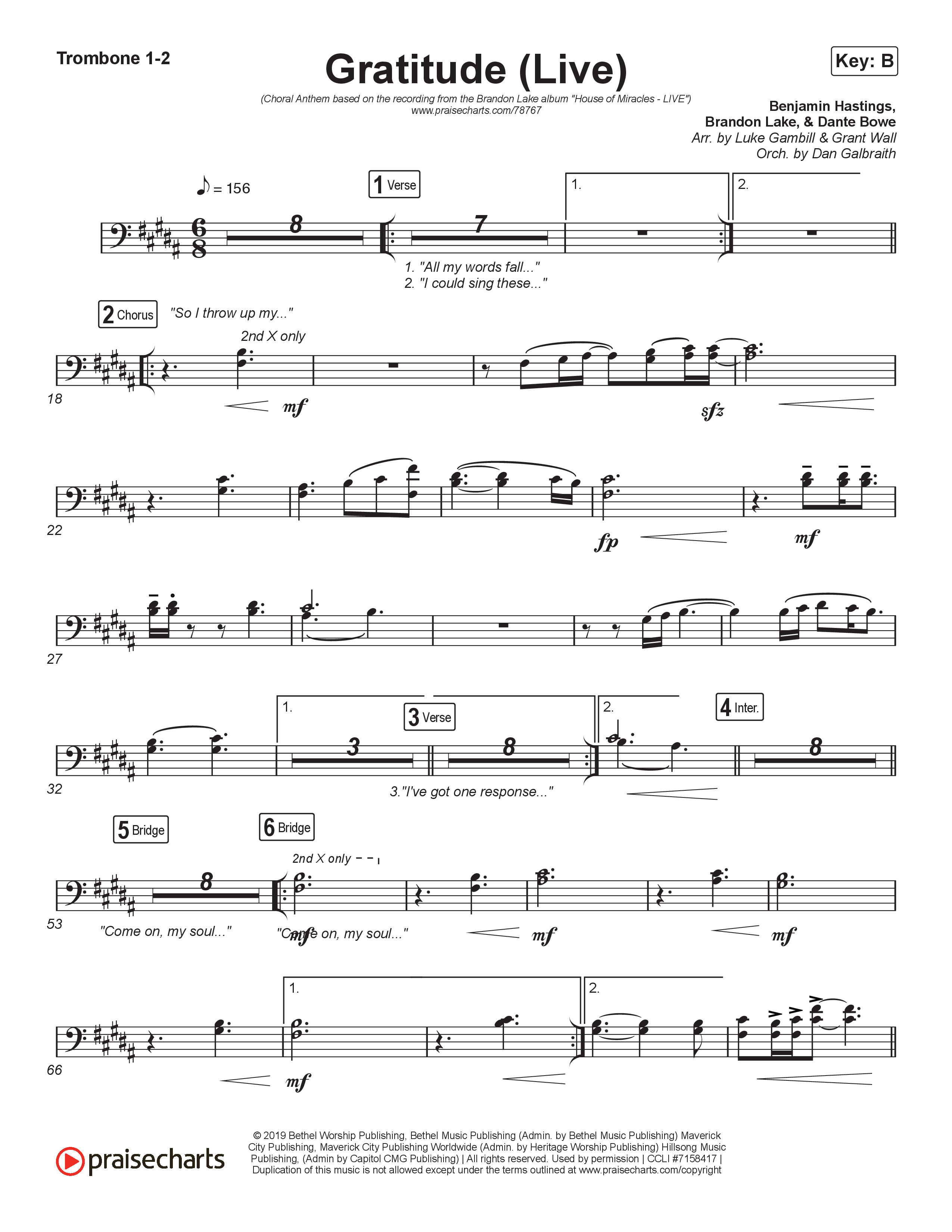 Gratitude (Live) (Choral Anthem SATB) Trombone 1,2 (Brandon Lake / Arr. Luke Gambill)