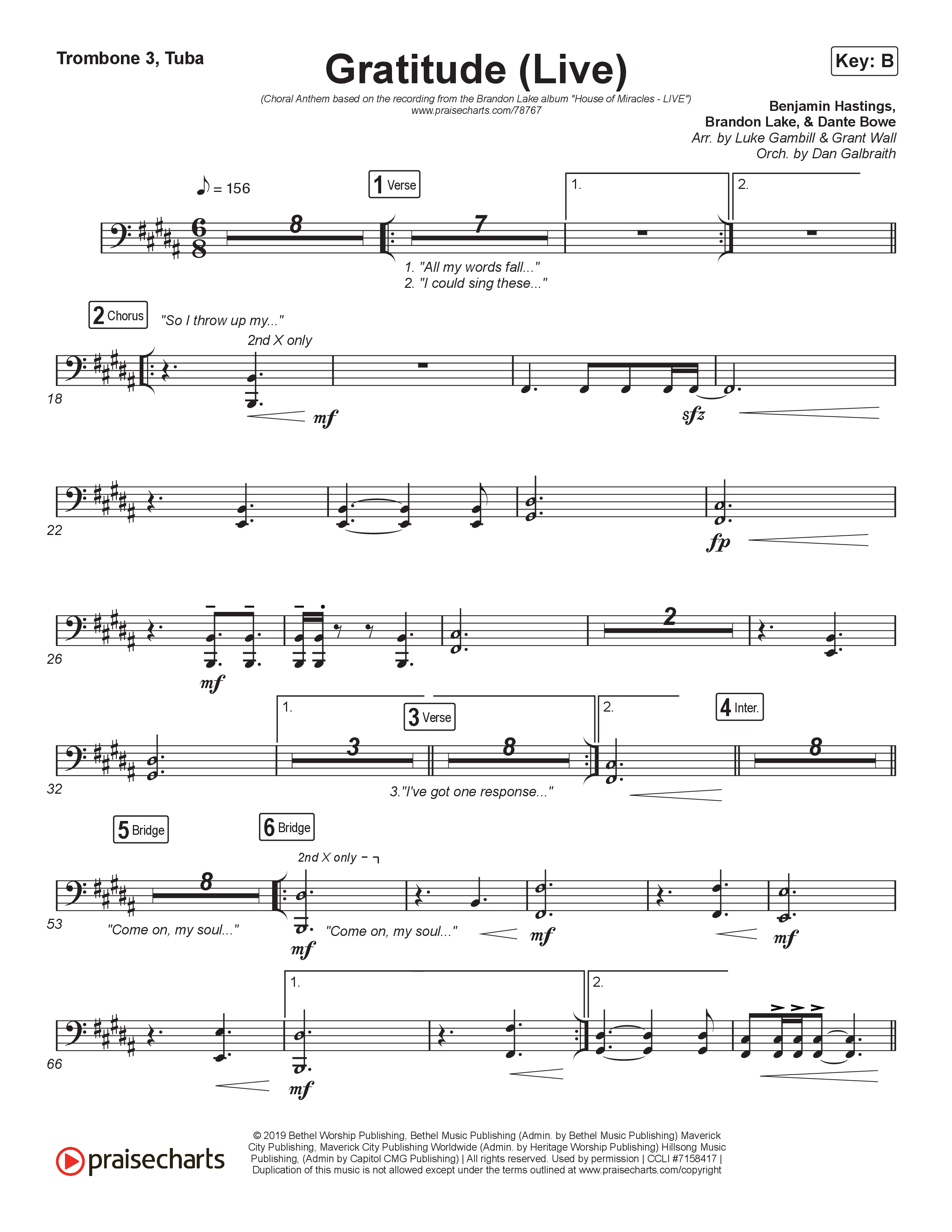 Gratitude (Live) (Choral Anthem SATB) Trombone 3/Tuba (Brandon Lake / Arr. Luke Gambill)