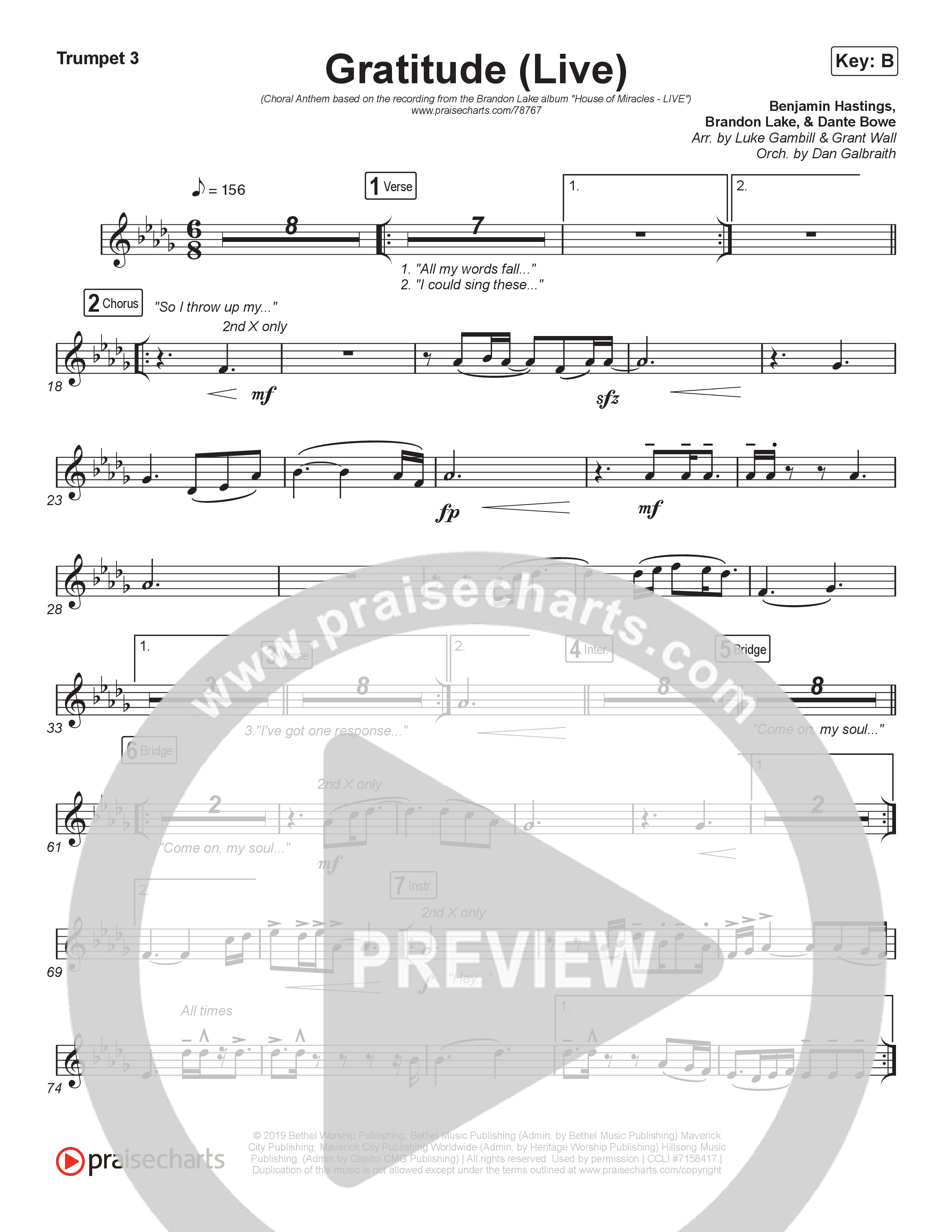 Gratitude (Live) (Choral Anthem SATB) Trumpet 3 (Brandon Lake / Arr. Luke Gambill)