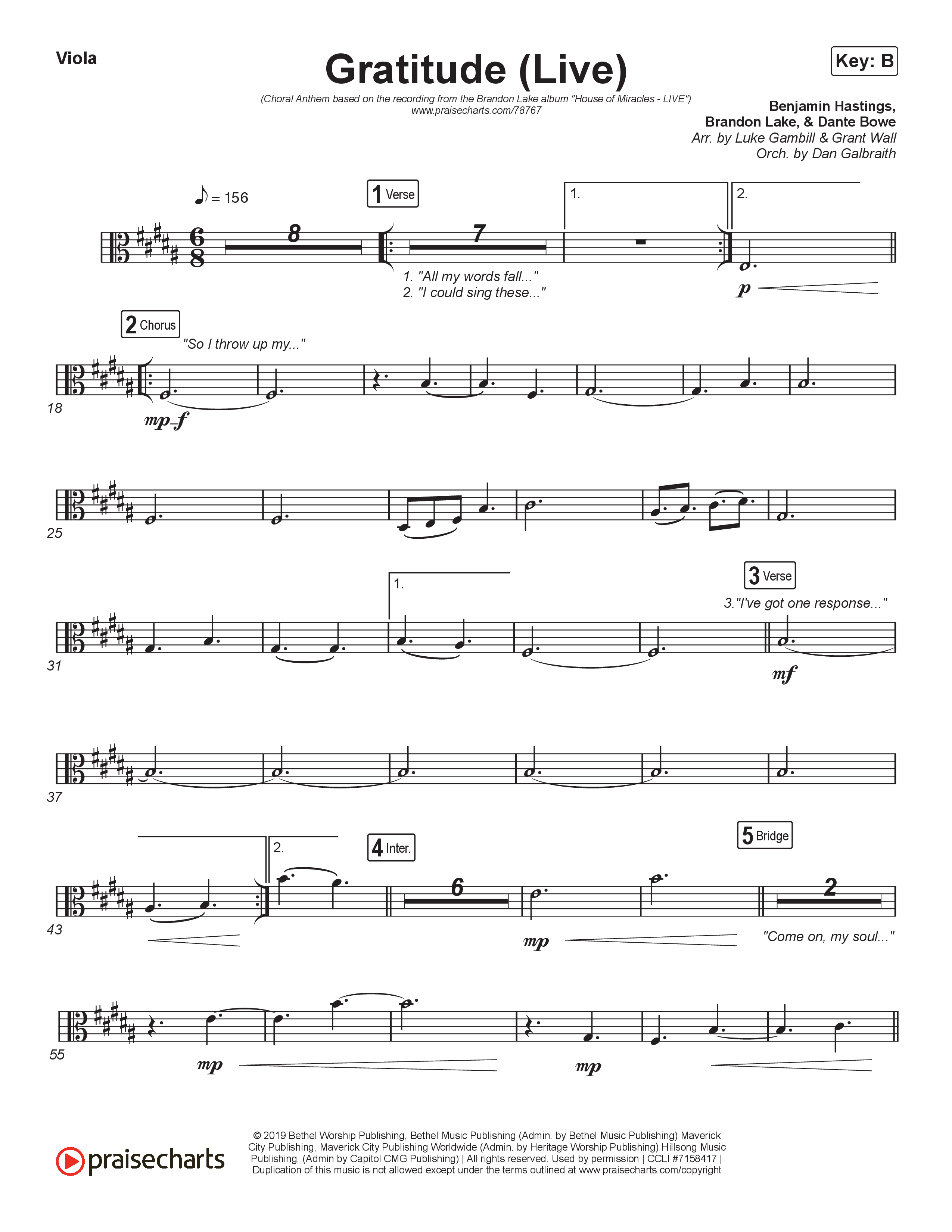 Gratitude (Live) (Choral Anthem SATB) Viola (Brandon Lake / Arr. Luke Gambill)