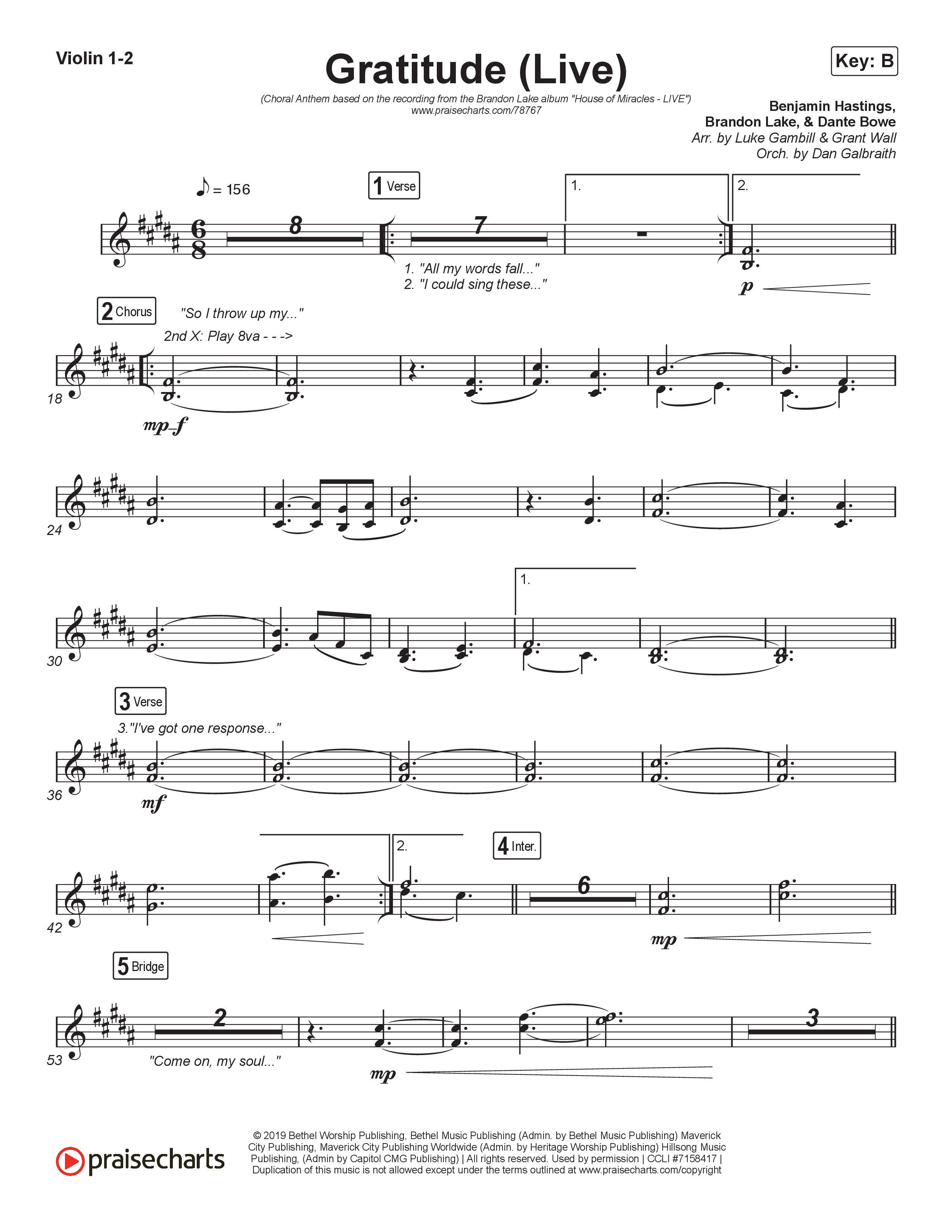 Gratitude (Live) (Choral Anthem SATB) String Pack (Brandon Lake / Arr. Luke Gambill)