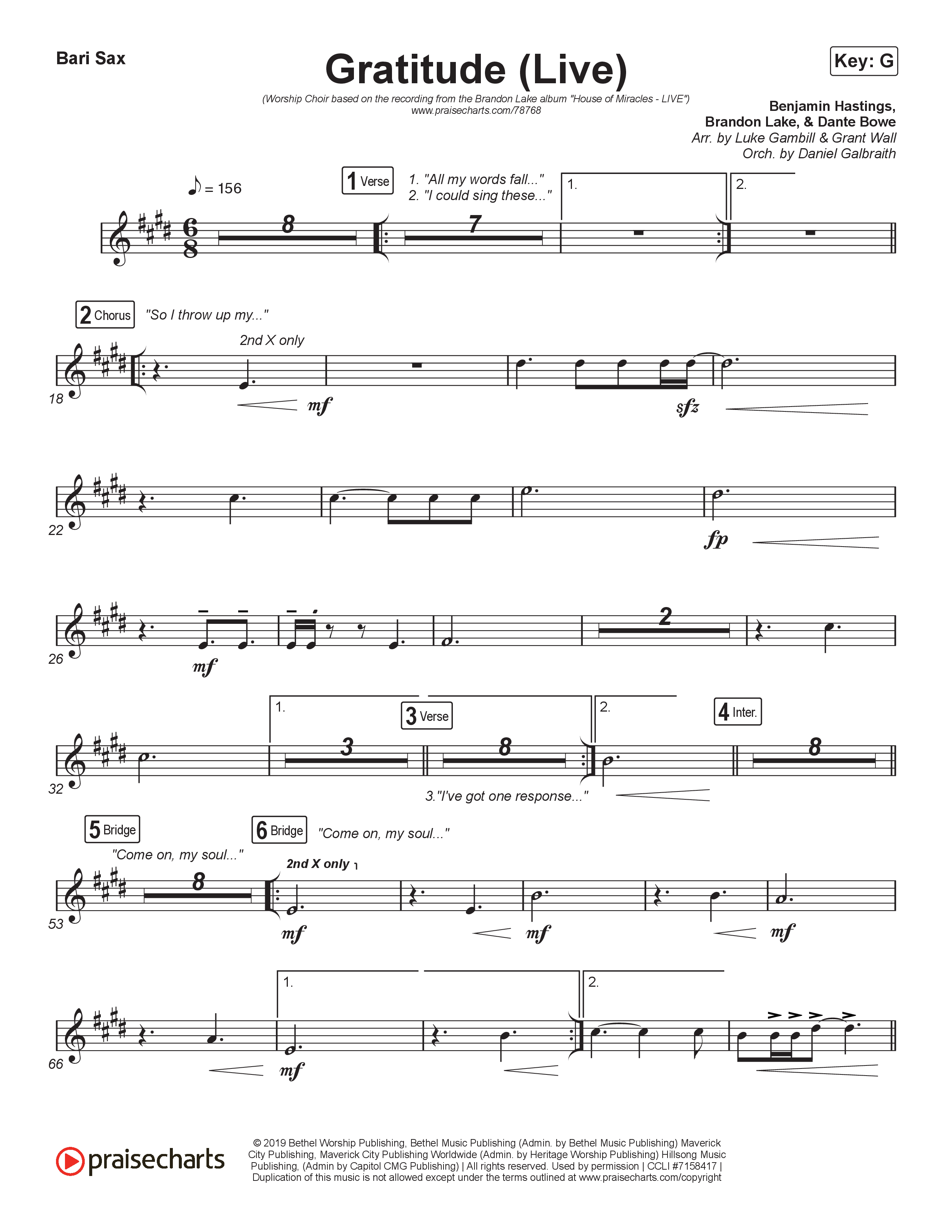 Gratitude (Live) (Worship Choir SAB) Bari Sax (Brandon Lake / Arr. Luke Gambill)