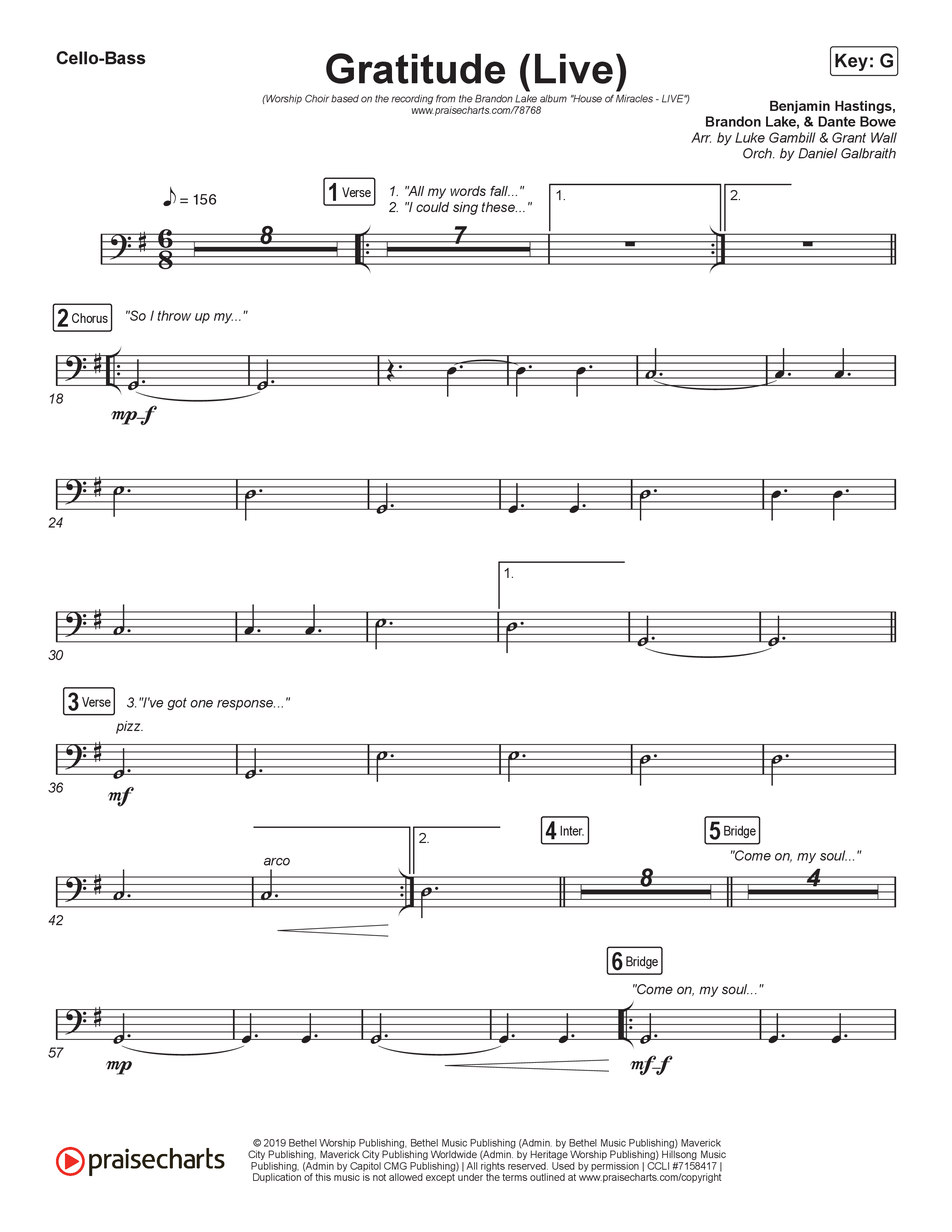 Gratitude (Live) (Worship Choir SAB) Cello/Bass (Brandon Lake / Arr. Luke Gambill)