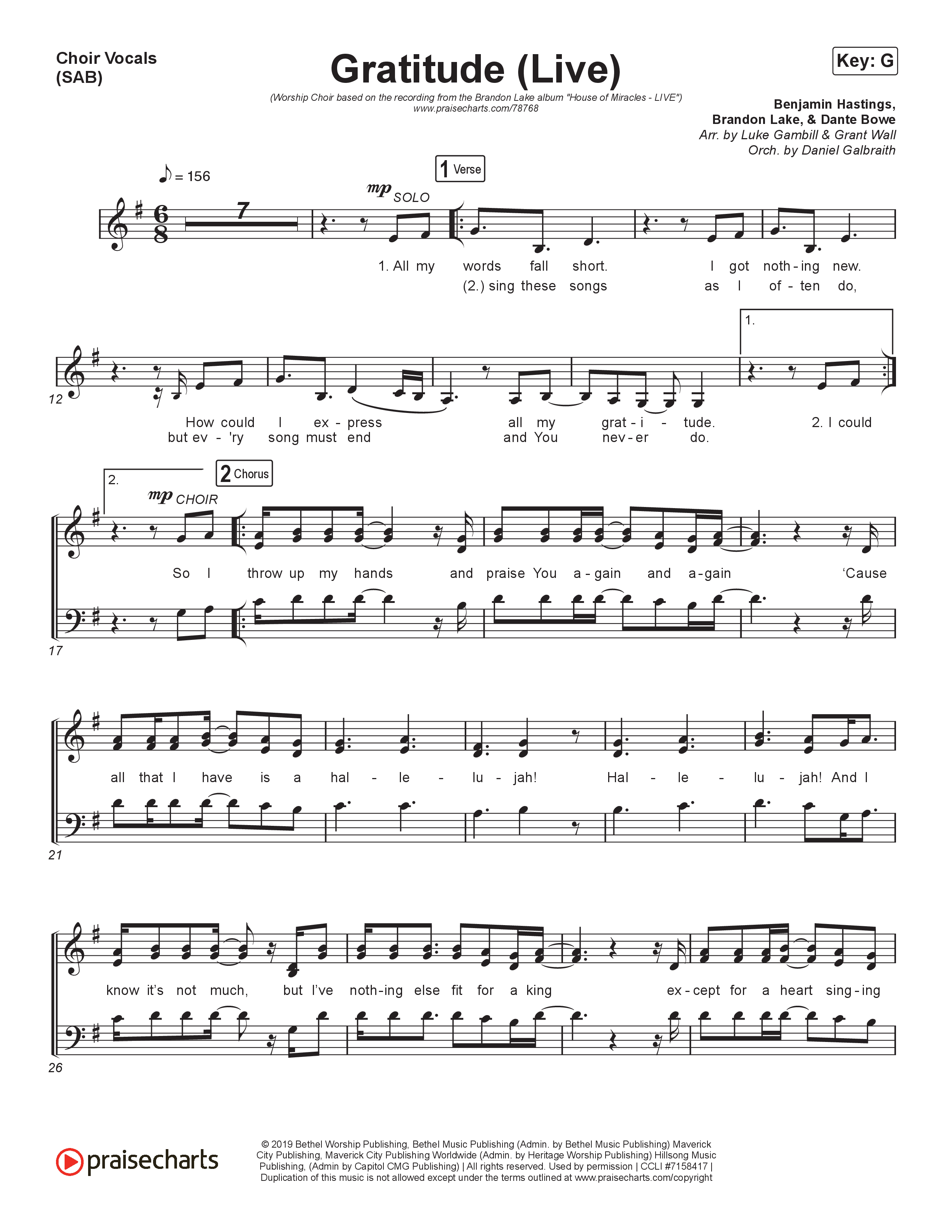 Gratitude (Live) (Worship Choir SAB) Choir Sheet (SAB) (Brandon Lake / Arr. Luke Gambill)