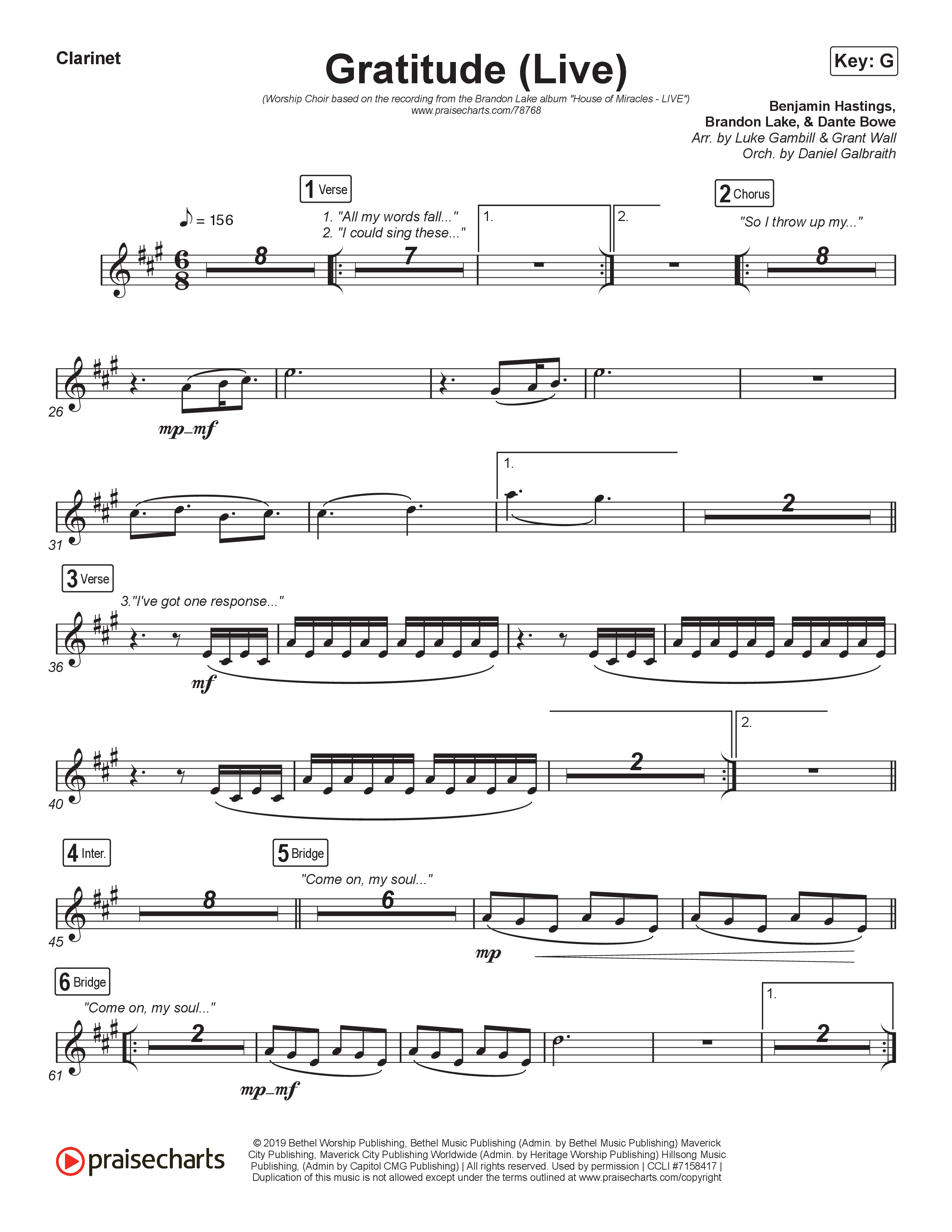 Gratitude (Live) (Worship Choir SAB) Clarinet (Brandon Lake / Arr. Luke Gambill)