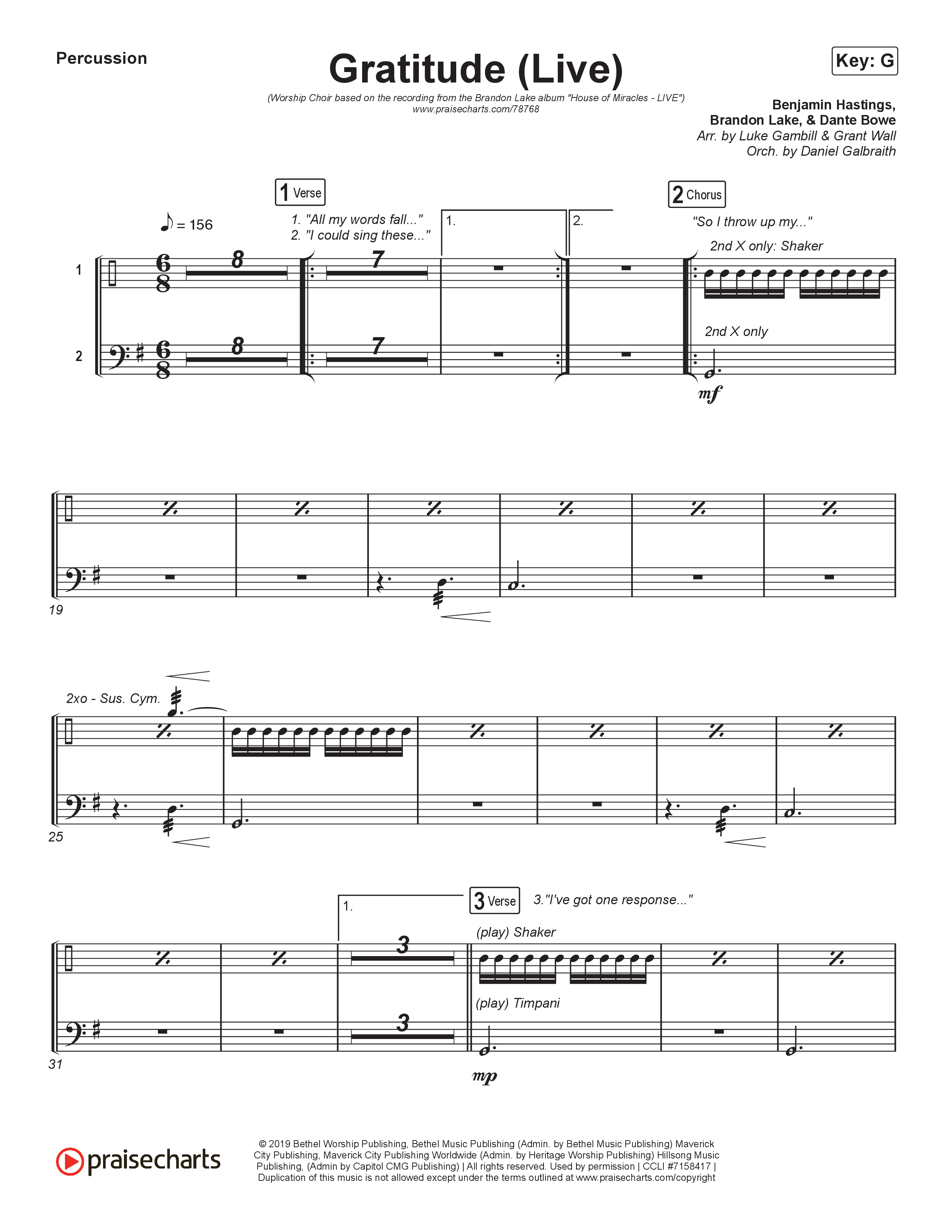 Gratitude (Live) (Worship Choir SAB) Percussion (Brandon Lake / Arr. Luke Gambill)