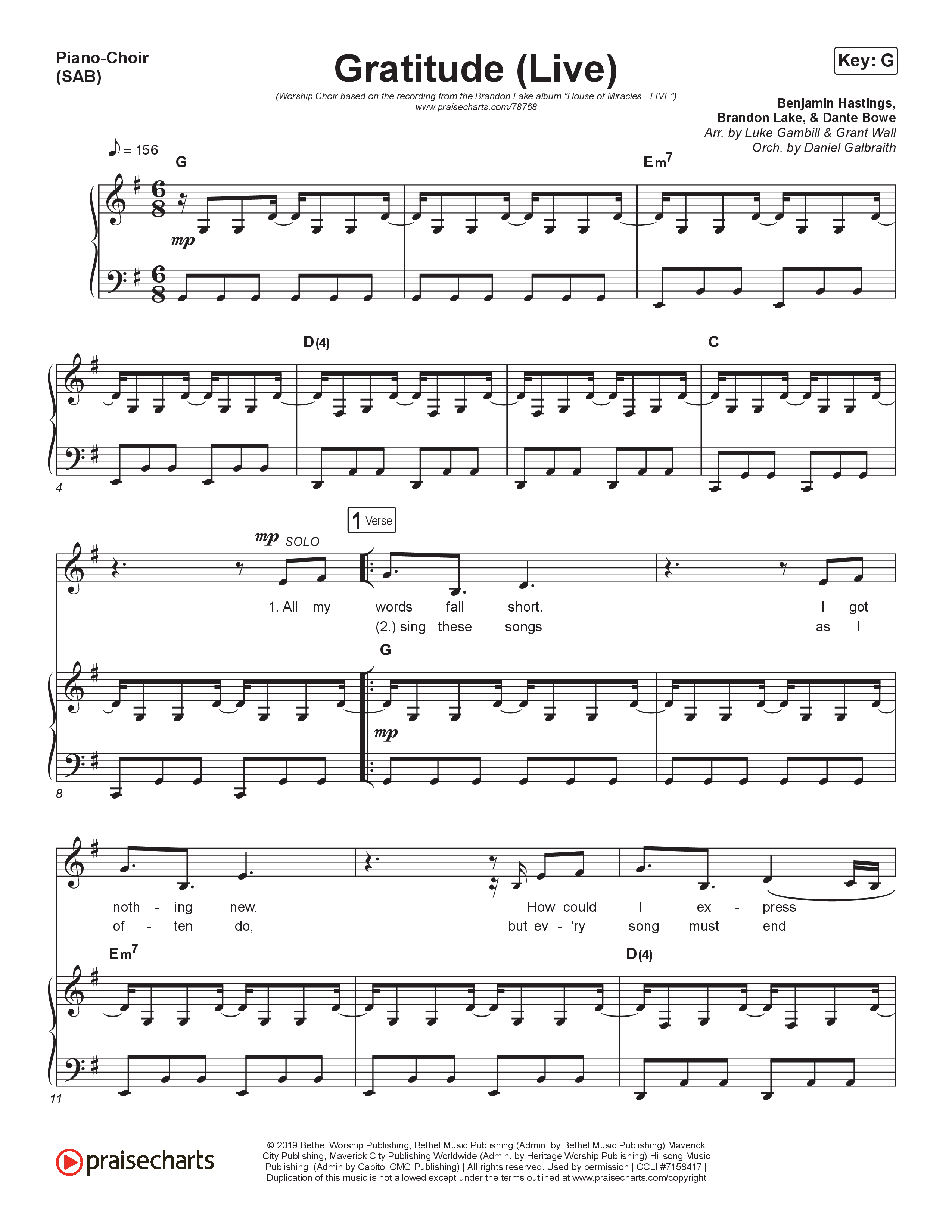 Gratitude (Live) (Worship Choir SAB) Piano/Choir (SAB) (Brandon Lake / Arr. Luke Gambill)