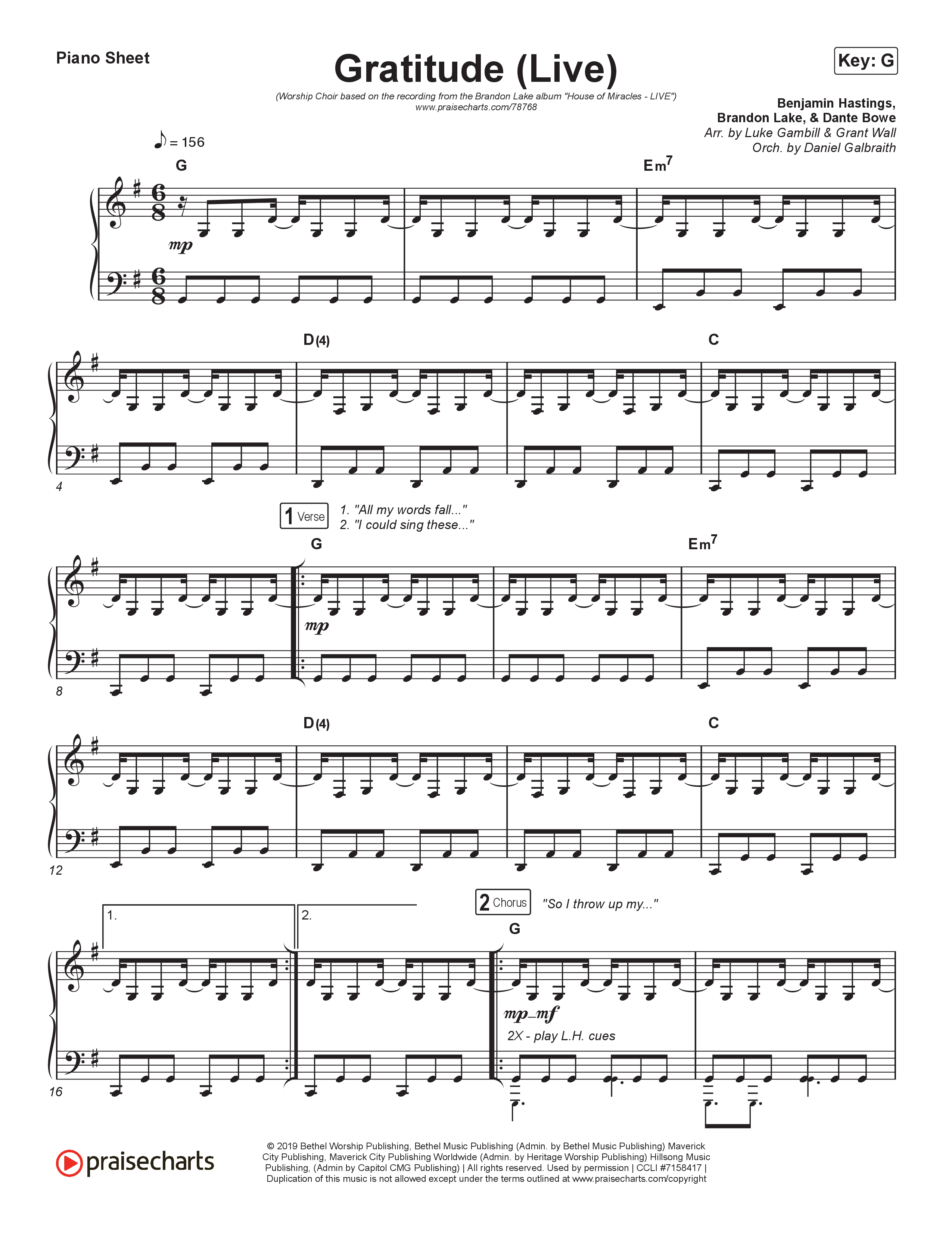 Gratitude (Live) (Worship Choir SAB) Piano Sheet (Brandon Lake / Arr. Luke Gambill)