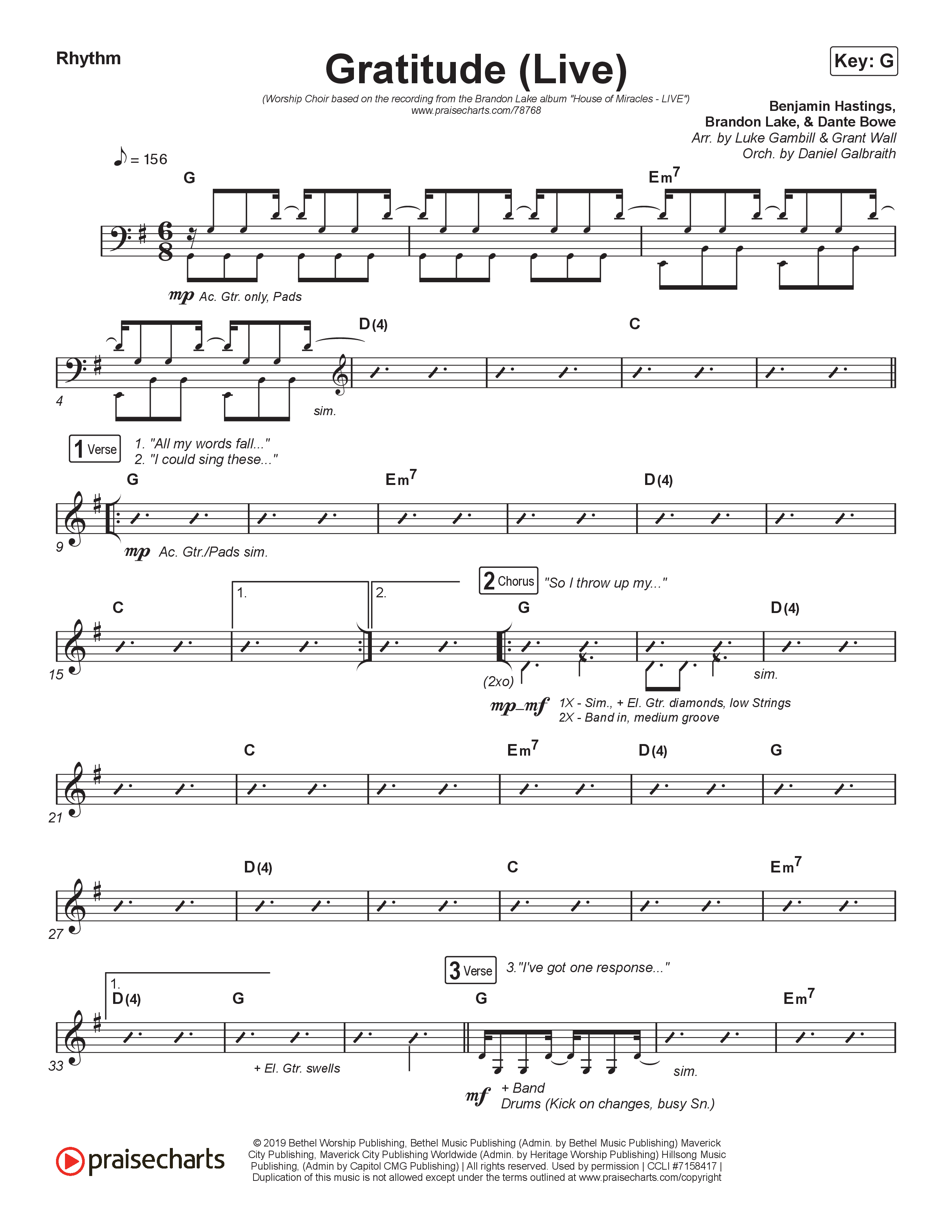 Gratitude (Live) (Worship Choir SAB) Rhythm Chart (Brandon Lake / Arr. Luke Gambill)