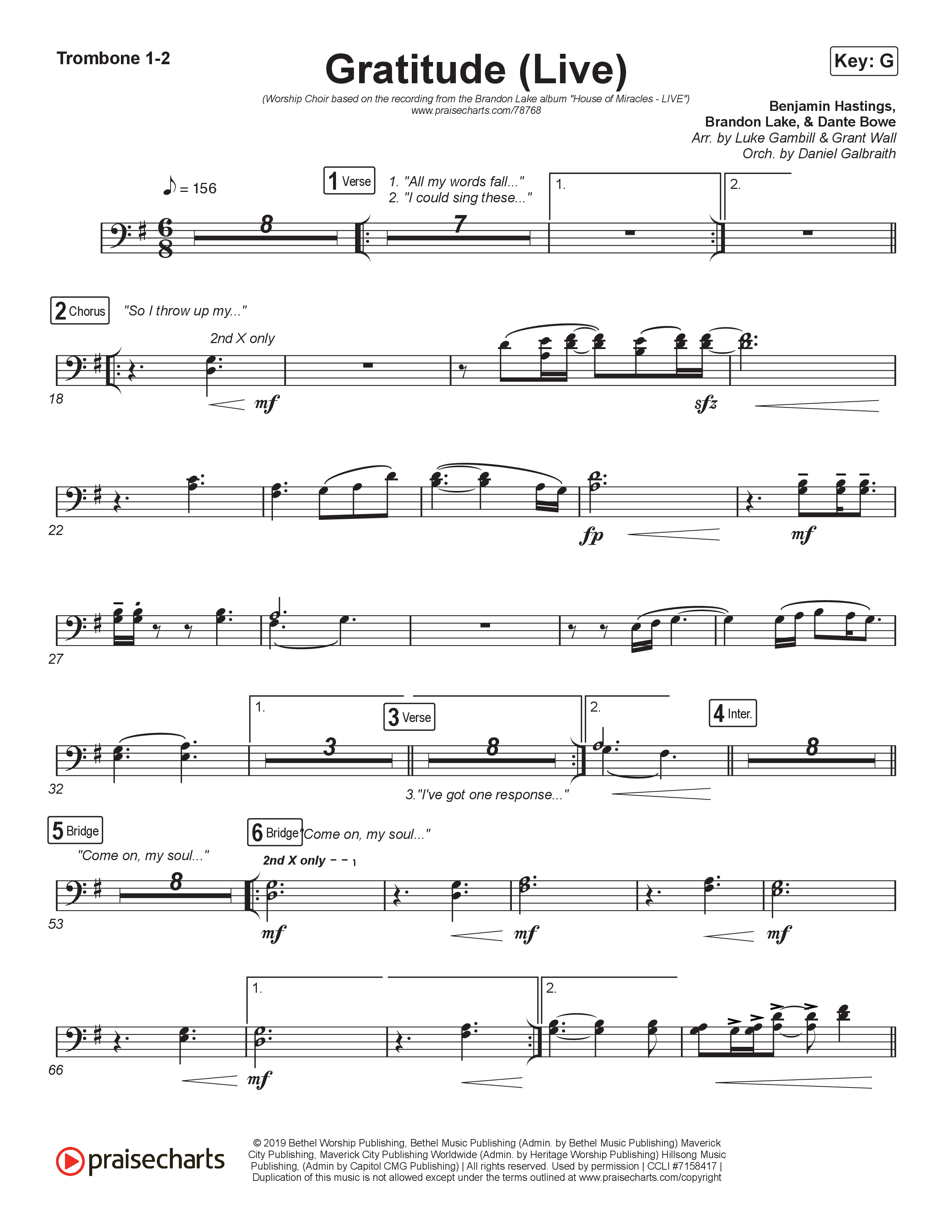 Gratitude (Live) (Worship Choir SAB) Trombone 1/2 (Brandon Lake / Arr. Luke Gambill)