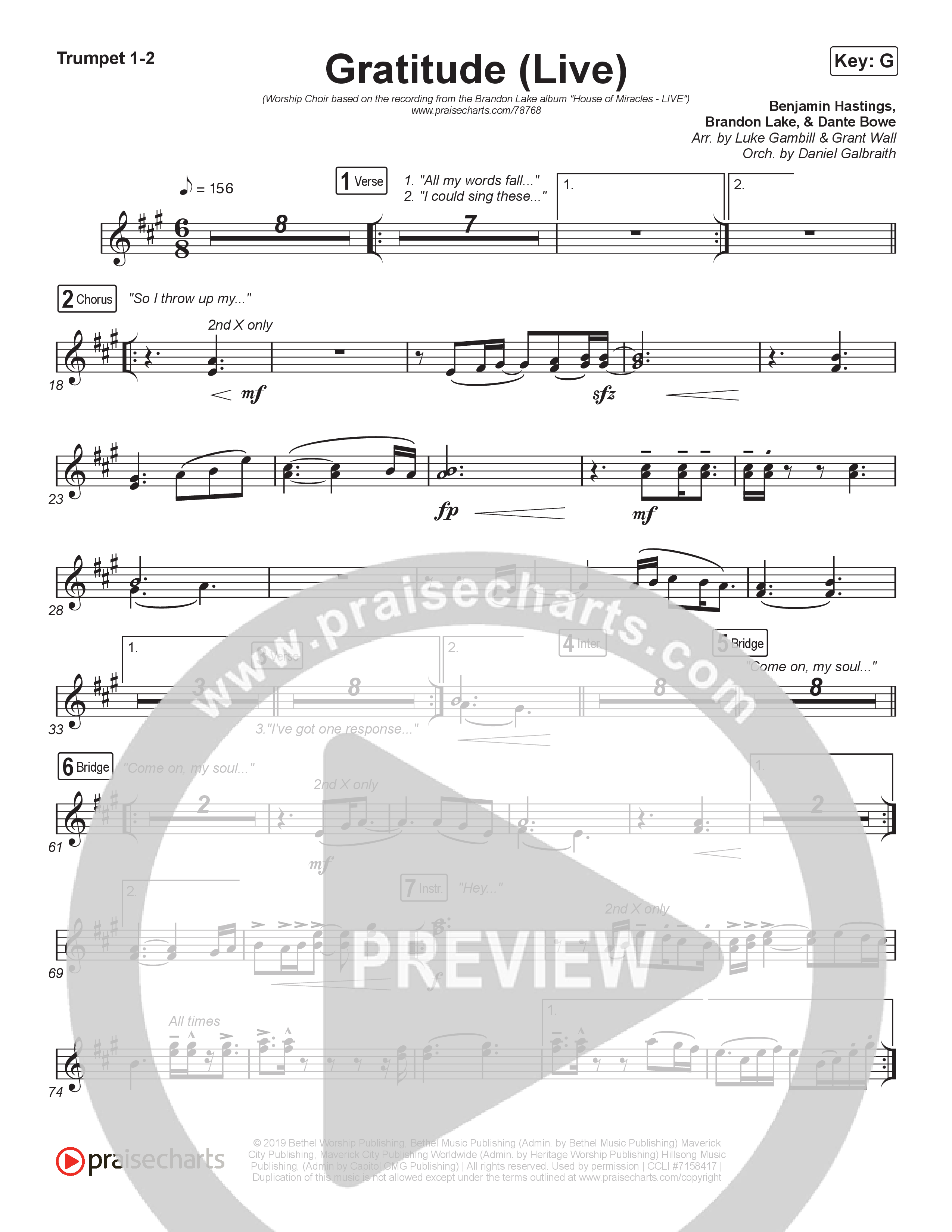 Gratitude (Live) (Worship Choir SAB) Trumpet 1,2 (Brandon Lake / Arr. Luke Gambill)