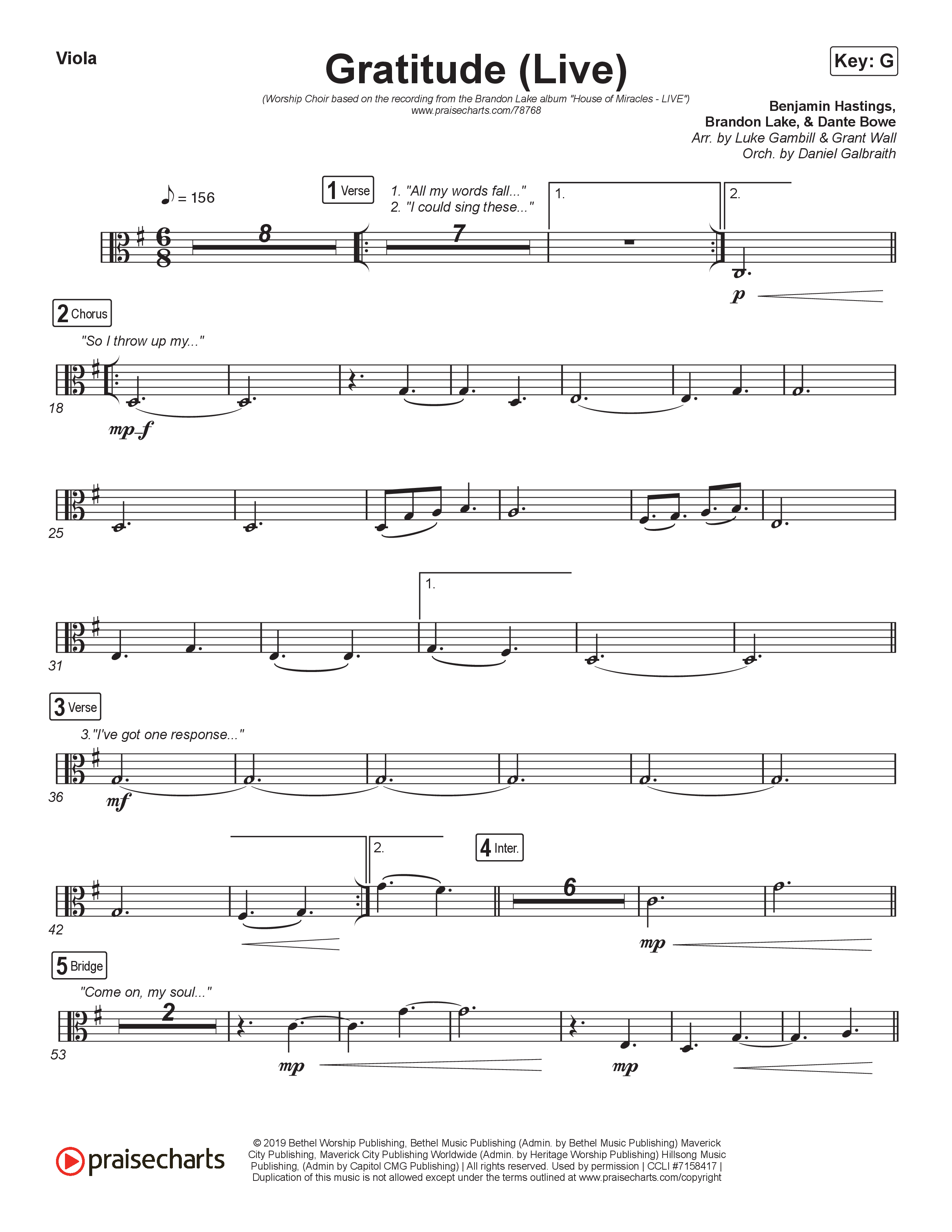 Gratitude (Live) (Worship Choir SAB) Viola (Brandon Lake / Arr. Luke Gambill)