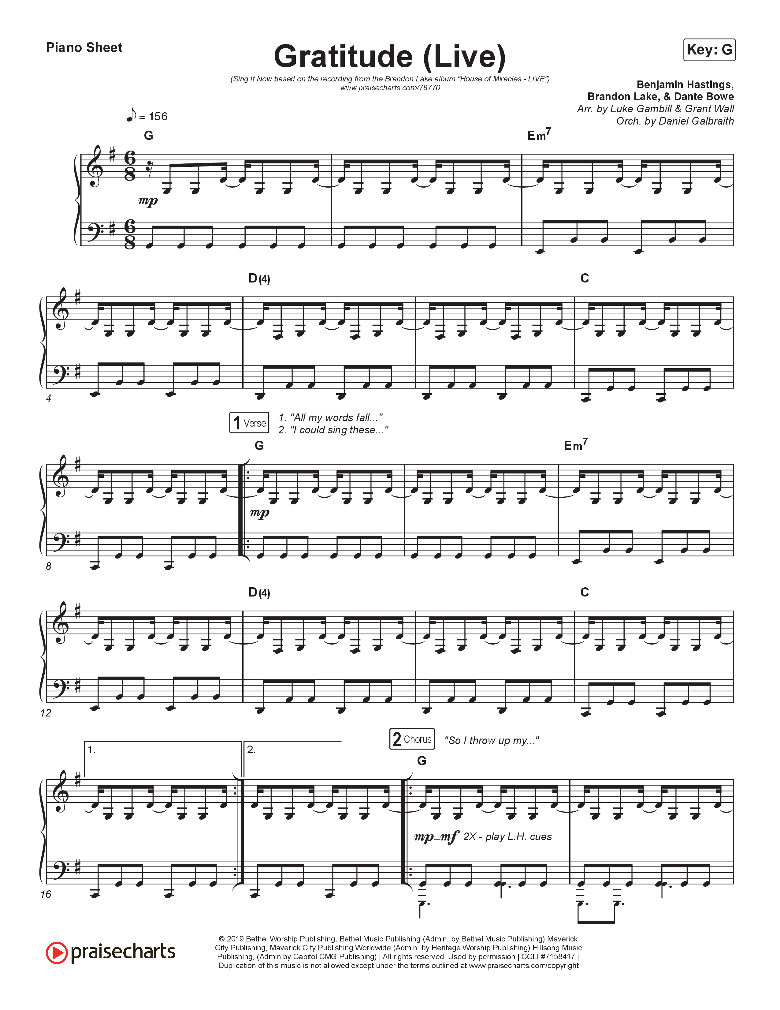 Gratitude (Live) (Sing It Now) Piano Sheet (Brandon Lake / Arr. Luke Gambill)