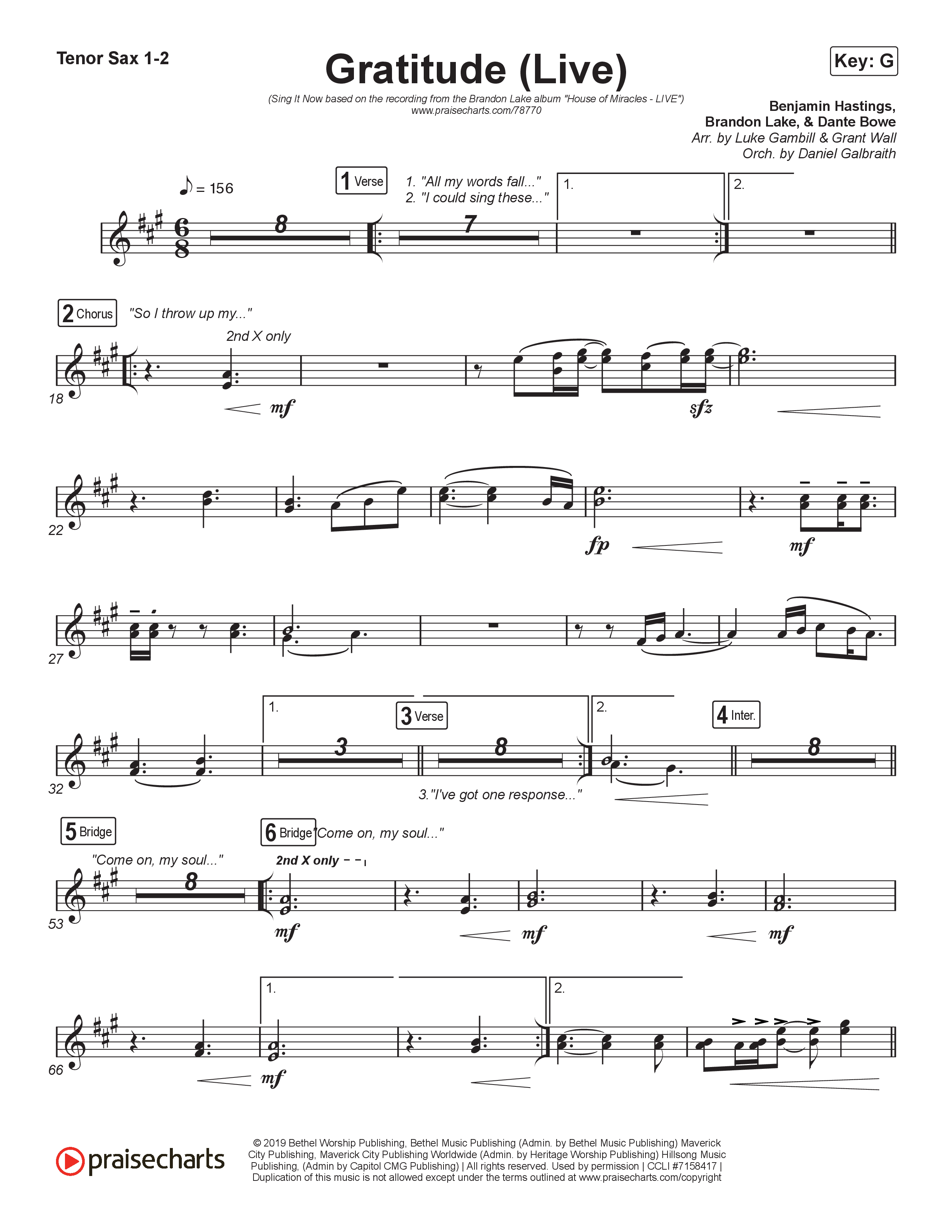 Gratitude (Live) (Sing It Now) Sax Pack (Brandon Lake / Arr. Luke Gambill)