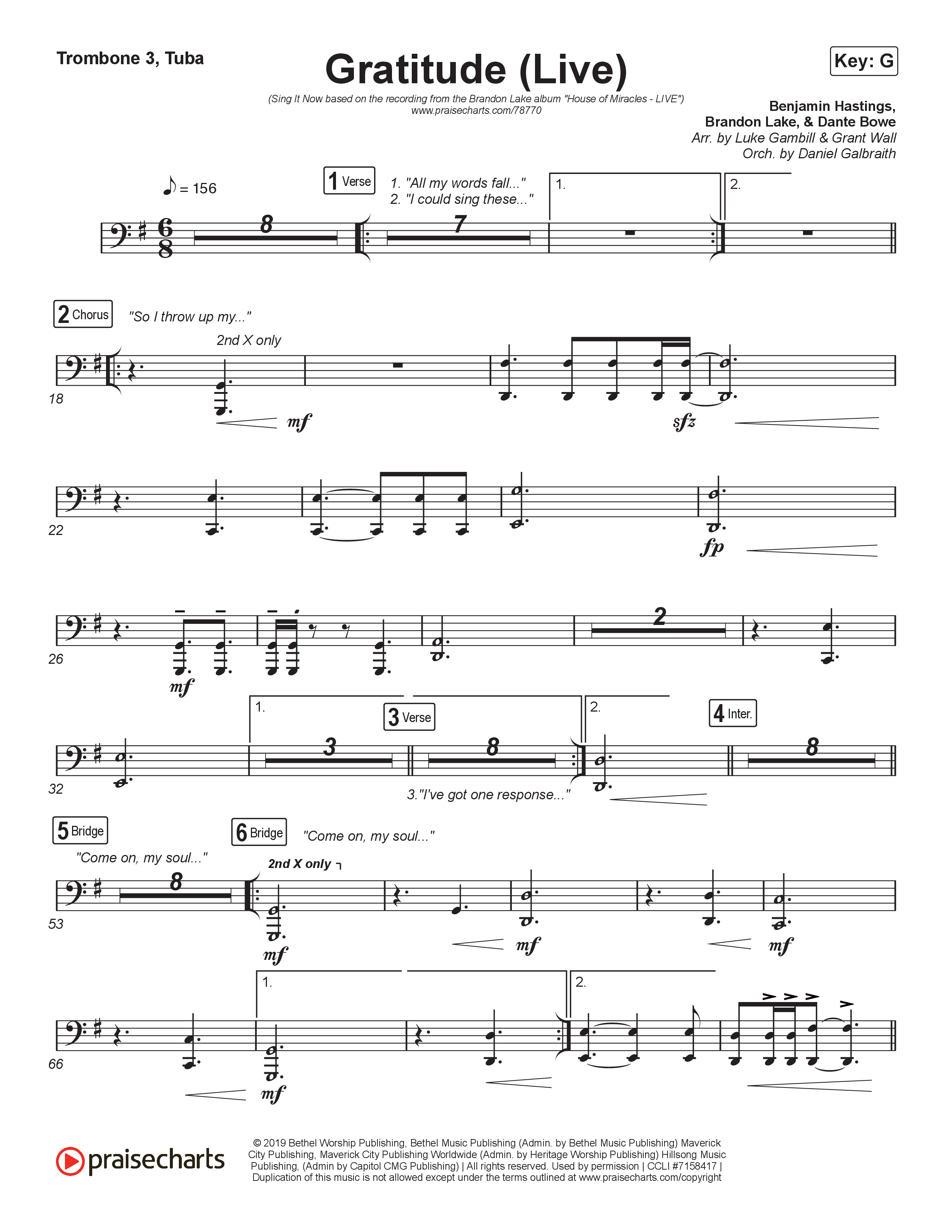 Gratitude (Live) (Sing It Now) Trombone 3/Tuba (Brandon Lake / Arr. Luke Gambill)