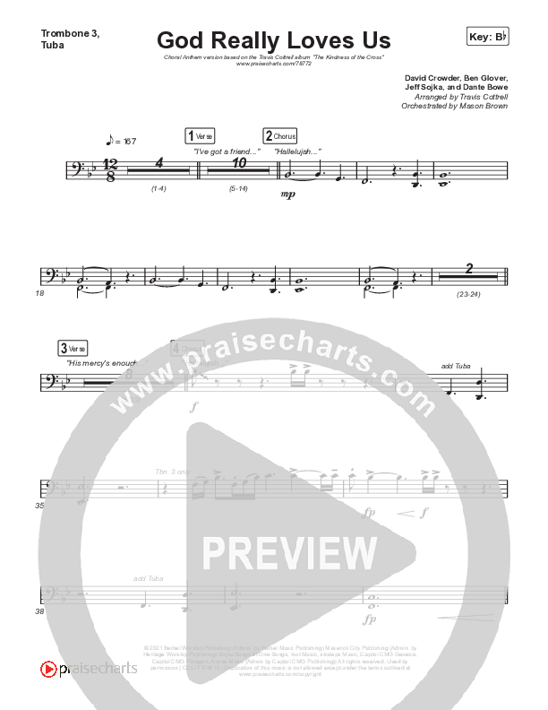 God Really Loves Us (Choral Anthem SATB) Trombone 3/Tuba (Travis Cottrell / Hannah Kerr / Arr. Travis Cottrell)