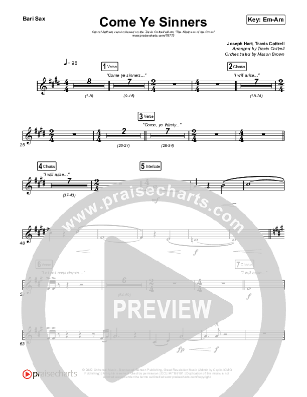 Come Ye Sinners (Choral Anthem SATB) Bari Sax (Travis Cottrell / Kristyn Getty / Arr. Travis Cottrell)