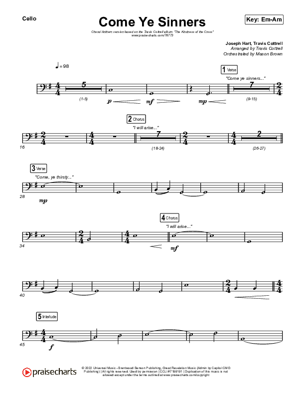 Come Ye Sinners (Choral Anthem SATB) Cello (Travis Cottrell / Kristyn Getty / Arr. Travis Cottrell)