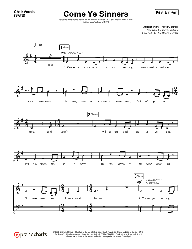 Come Ye Sinners (Choral Anthem SATB) Choir Sheet (SATB) (Travis Cottrell / Kristyn Getty / Arr. Travis Cottrell)