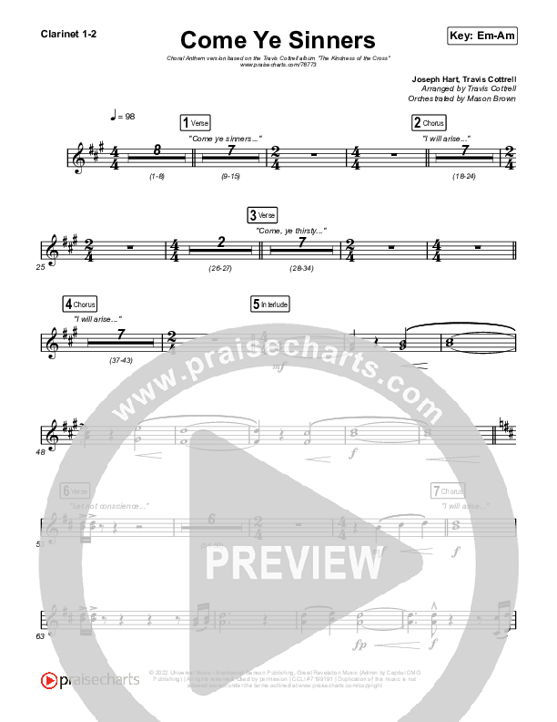 Come Ye Sinners (Choral Anthem SATB) Clarinet 1/2 (Travis Cottrell / Kristyn Getty / Arr. Travis Cottrell)