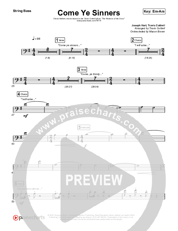 Come Ye Sinners (Choral Anthem SATB) String Bass (Travis Cottrell / Kristyn Getty / Arr. Travis Cottrell)
