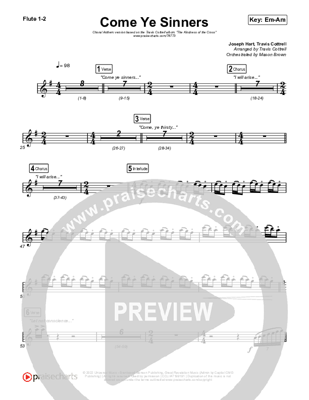 Come Ye Sinners (Choral Anthem SATB) Flute 1,2 (Travis Cottrell / Kristyn Getty / Arr. Travis Cottrell)