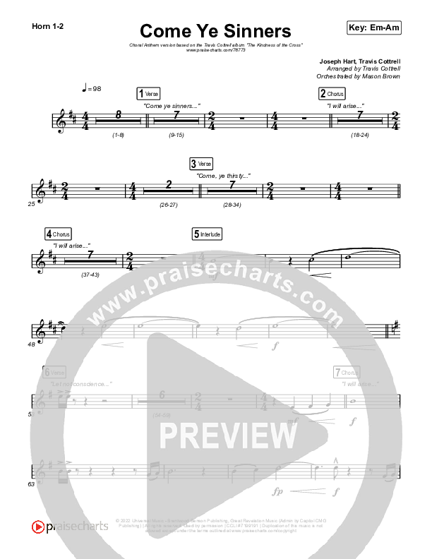 Come Ye Sinners (Choral Anthem SATB) French Horn 1,2 (Travis Cottrell / Kristyn Getty / Arr. Travis Cottrell)