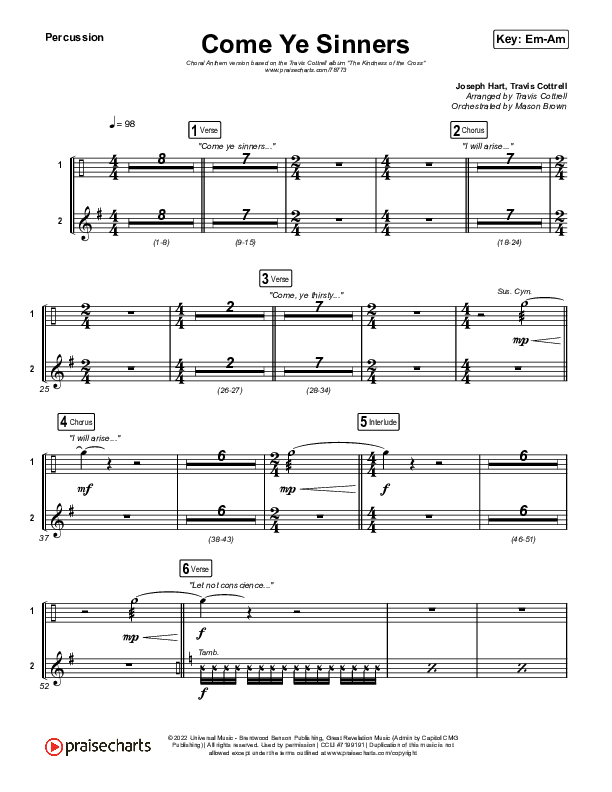 Come Ye Sinners (Choral Anthem SATB) Percussion (Travis Cottrell / Kristyn Getty / Arr. Travis Cottrell)