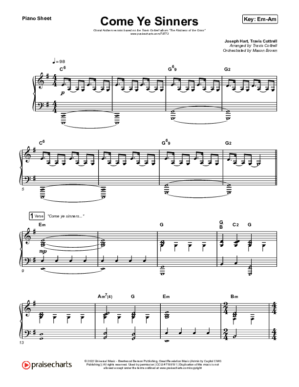 Come Ye Sinners (Choral Anthem SATB) Piano Sheet (Travis Cottrell / Kristyn Getty / Arr. Travis Cottrell)