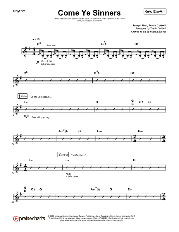 Come Ye Sinners (Choral Anthem SATB) Rhythm Chart (Travis Cottrell / Kristyn Getty / Arr. Travis Cottrell)