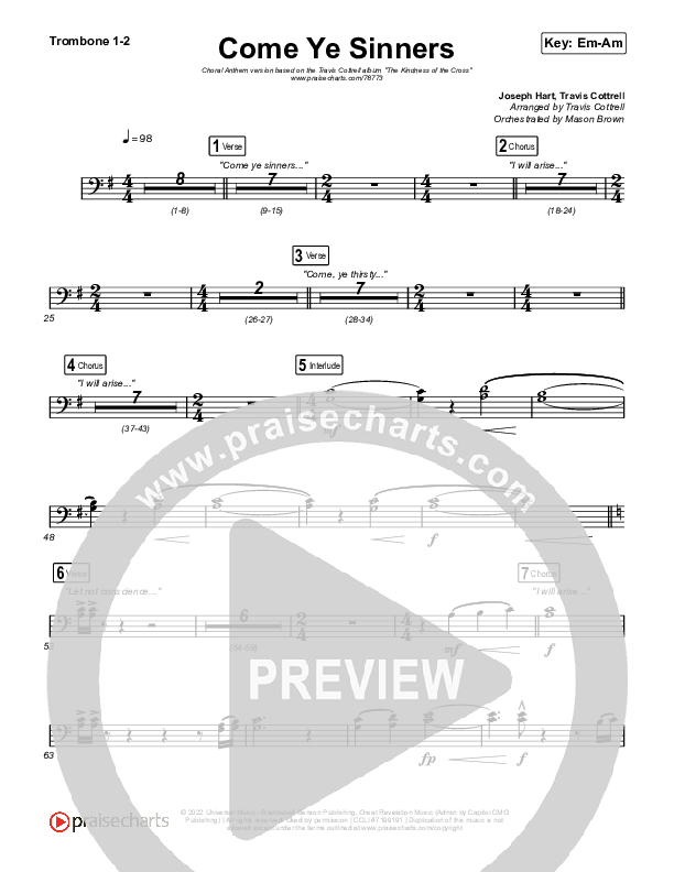 Come Ye Sinners (Choral Anthem SATB) Trombone 1/2 (Travis Cottrell / Kristyn Getty / Arr. Travis Cottrell)