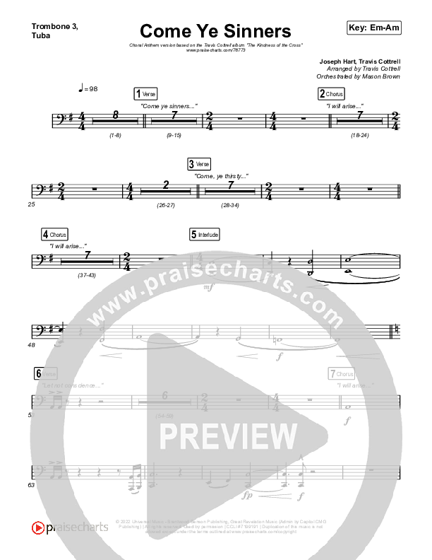 Come Ye Sinners (Choral Anthem SATB) Trombone 1,2 (Travis Cottrell / Kristyn Getty / Arr. Travis Cottrell)