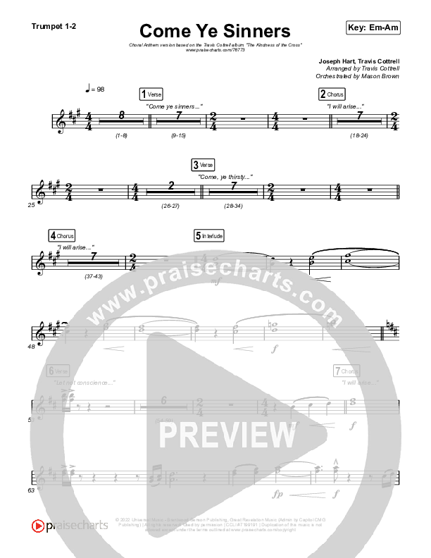 Come Ye Sinners (Choral Anthem SATB) Trumpet 1,2 (Travis Cottrell / Kristyn Getty / Arr. Travis Cottrell)
