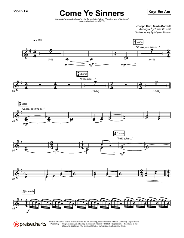 Come Ye Sinners (Choral Anthem SATB) Violin 1,2 (Travis Cottrell / Kristyn Getty / Arr. Travis Cottrell)