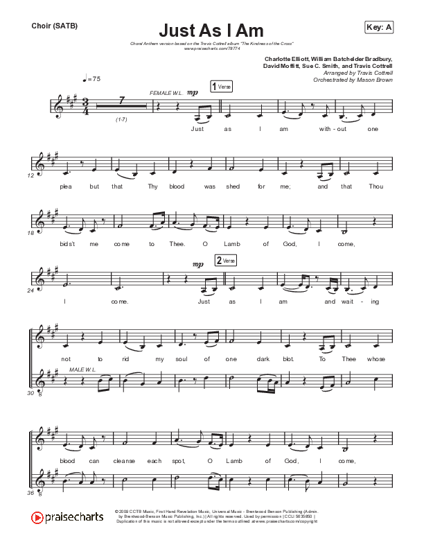 Just As I Am (Choral Anthem SATB) Choir Sheet (SATB) (Travis Cottrell / Lily Cottrell / Arr. Travis Cottrell)