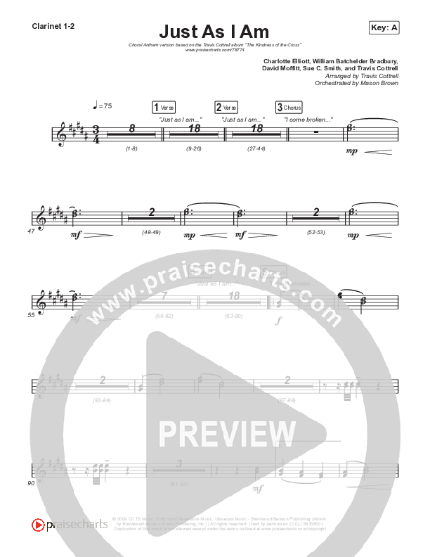 Just As I Am (Choral Anthem SATB) Clarinet 1/2 (Travis Cottrell / Lily Cottrell / Arr. Travis Cottrell)