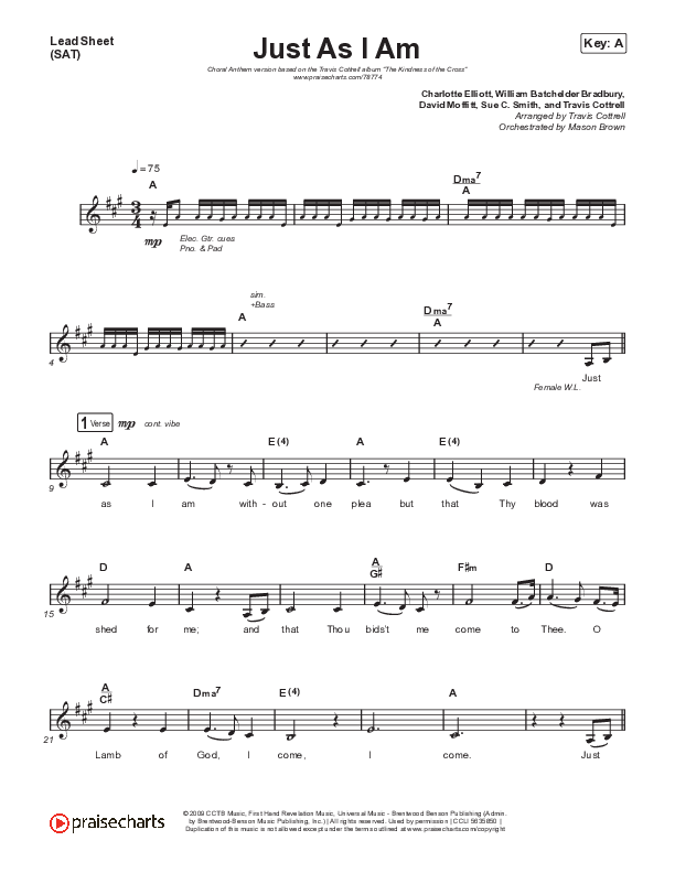 Just As I Am (Choral Anthem SATB) Lead Sheet (SAT) (Travis Cottrell / Lily Cottrell / Arr. Travis Cottrell)