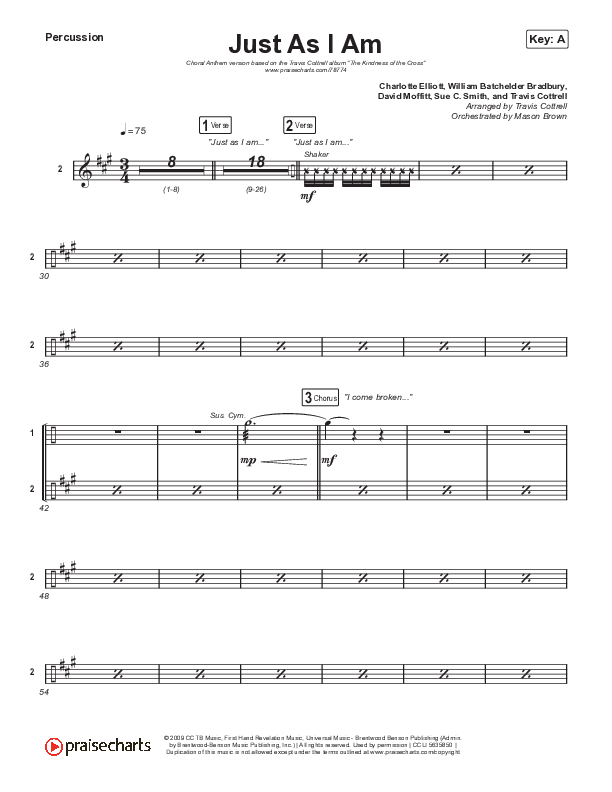 Just As I Am (Choral Anthem SATB) Percussion (Travis Cottrell / Lily Cottrell / Arr. Travis Cottrell)