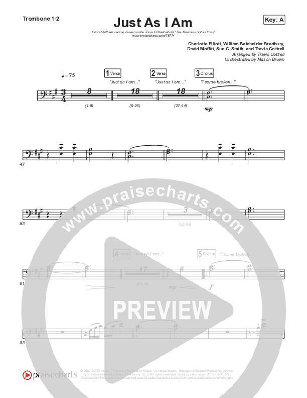 Just As I Am (Choral Anthem SATB) Trombone 1/2 (Travis Cottrell / Lily Cottrell / Arr. Travis Cottrell)