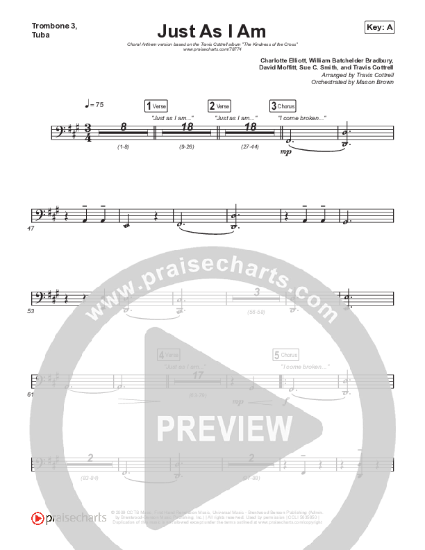 Just As I Am (Choral Anthem SATB) Trombone 3/Tuba (Travis Cottrell / Lily Cottrell / Arr. Travis Cottrell)