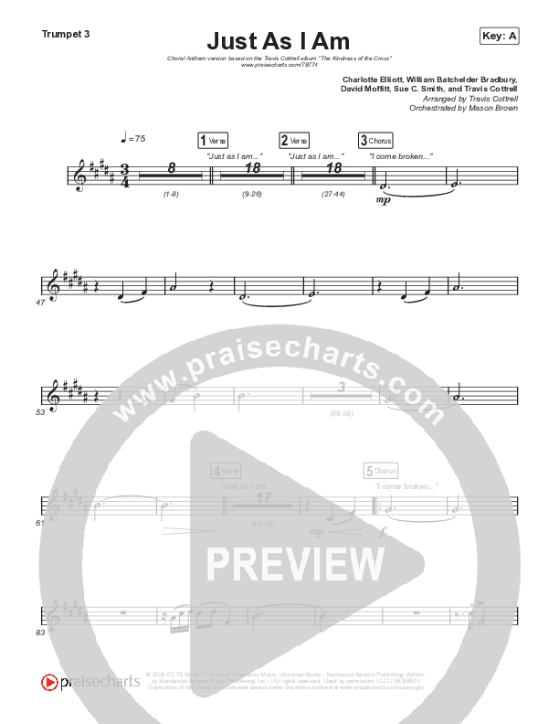 Just As I Am (Choral Anthem SATB) Trumpet 1,2 (Travis Cottrell / Lily Cottrell / Arr. Travis Cottrell)
