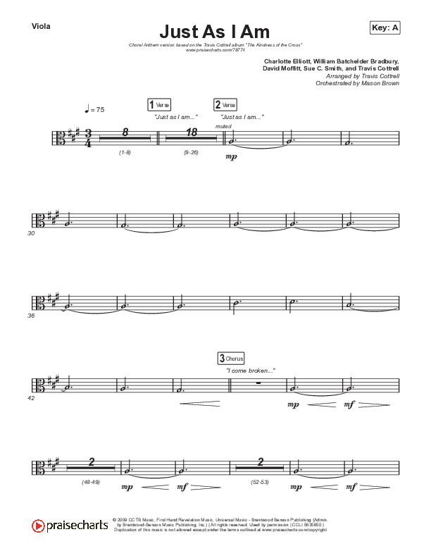 Just As I Am (Choral Anthem SATB) Viola (Travis Cottrell / Lily Cottrell / Arr. Travis Cottrell)