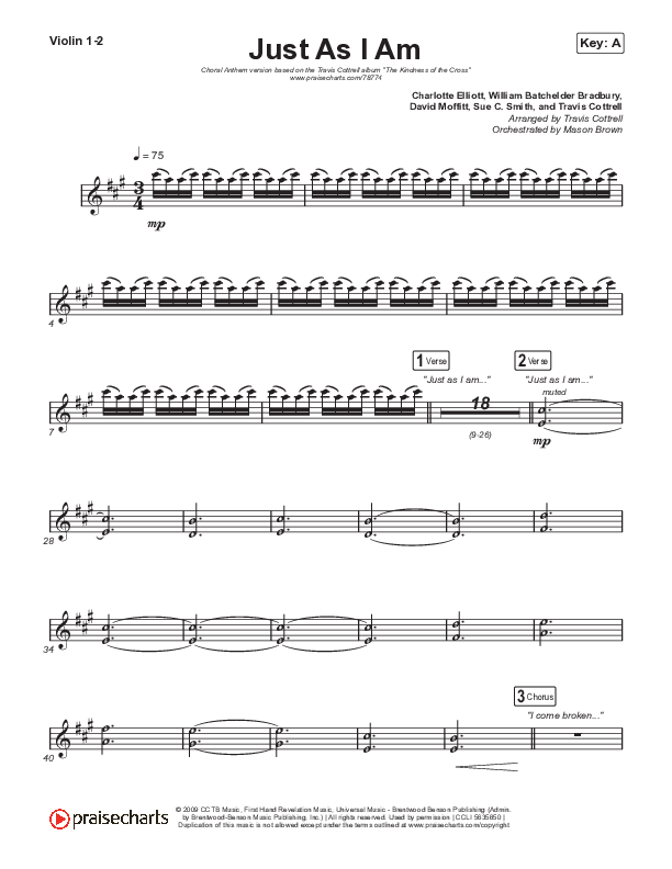 Just As I Am (Choral Anthem SATB) Violin 1,2 (Travis Cottrell / Lily Cottrell / Arr. Travis Cottrell)