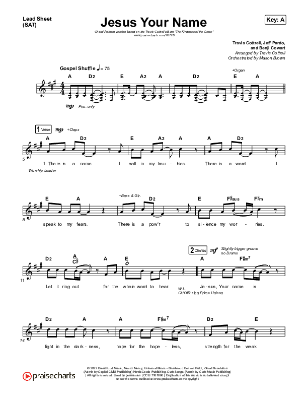 Jesus Your Name (Choral Anthem SATB) Lead Sheet (SAT) (Travis Cottrell / Arr. Travis Cottrell)