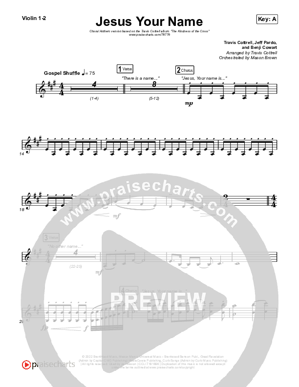 Jesus Your Name (Choral Anthem SATB) Violin 1,2 (Travis Cottrell / Arr. Travis Cottrell)