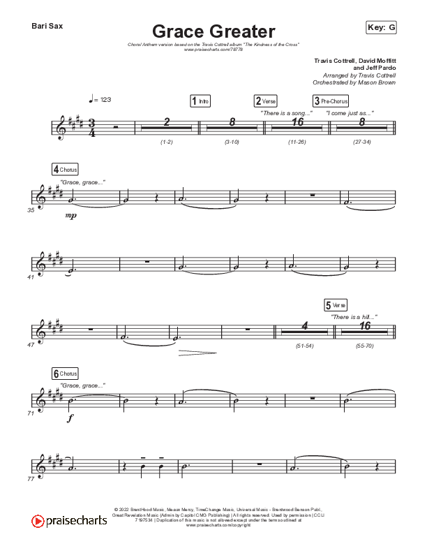 Grace Greater (Choral Anthem SATB) Bari Sax (Travis Cottrell / Arr. Travis Cottrell)